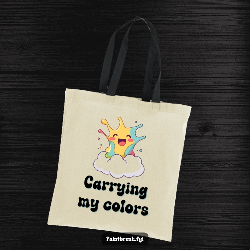 Funny tote bag featuring a blob of paint joyfully splashing onto a surprised fluffy cloud, a humorous accessory for artists, a perfect funny gift.