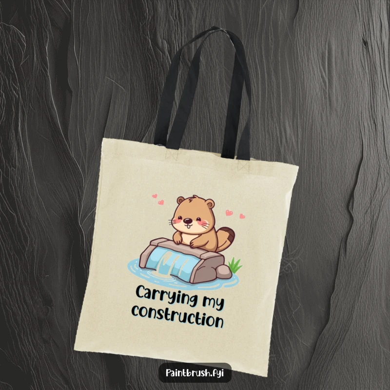 Funny tote bag with a diligent beaver character smoothing the edges of a small dam, great for carrying supplies.