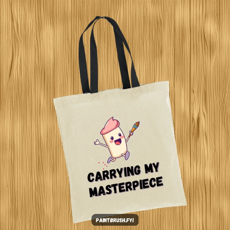 Funny Tote Bag illustrating a dynamic paintbrush character leaping with excitement, leaving a trail of colorful dots.