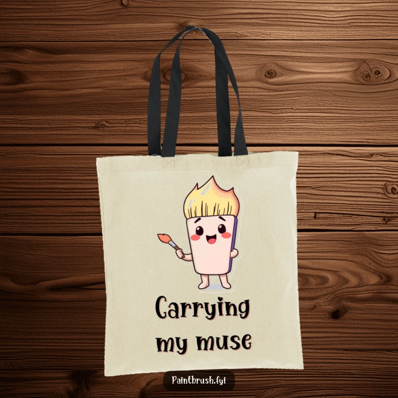 Funny paintbrush character making a hilarious face on a durable tote bag, perfect for carrying art supplies.