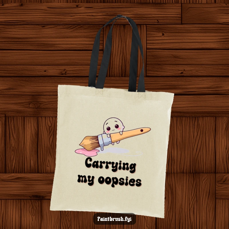 Funny Tote Bag: Tiny round brush character comically tripping over a giant dripping paintbrush, a humorous accessory.