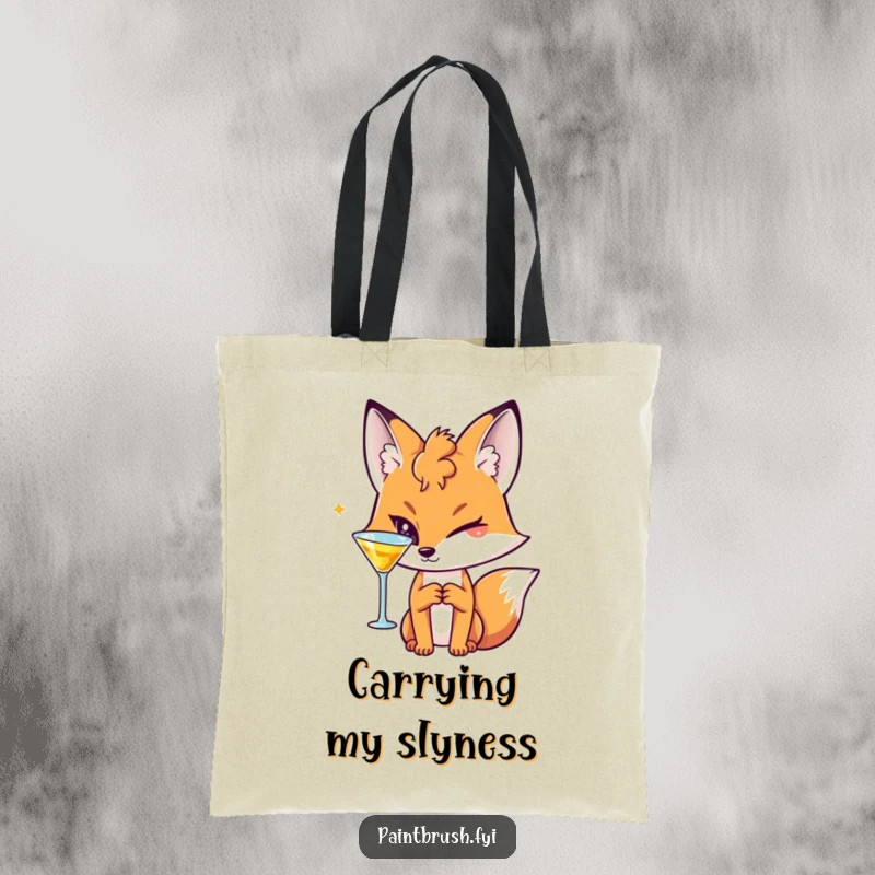 Funny Fox Tote Bag with a sly winking character holding a cocktail, perfect for carrying essentials with flair.