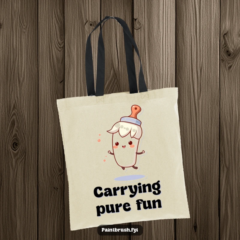 Funny tote bag featuring a paintbrush character wearing a small hat and spinning happily, perfect for carrying art materials with joy.