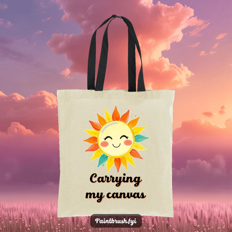 Funny tote bag featuring a paintbrush character painting a smiling sun with bright, cheerful colors, ideal for carrying art supplies.
