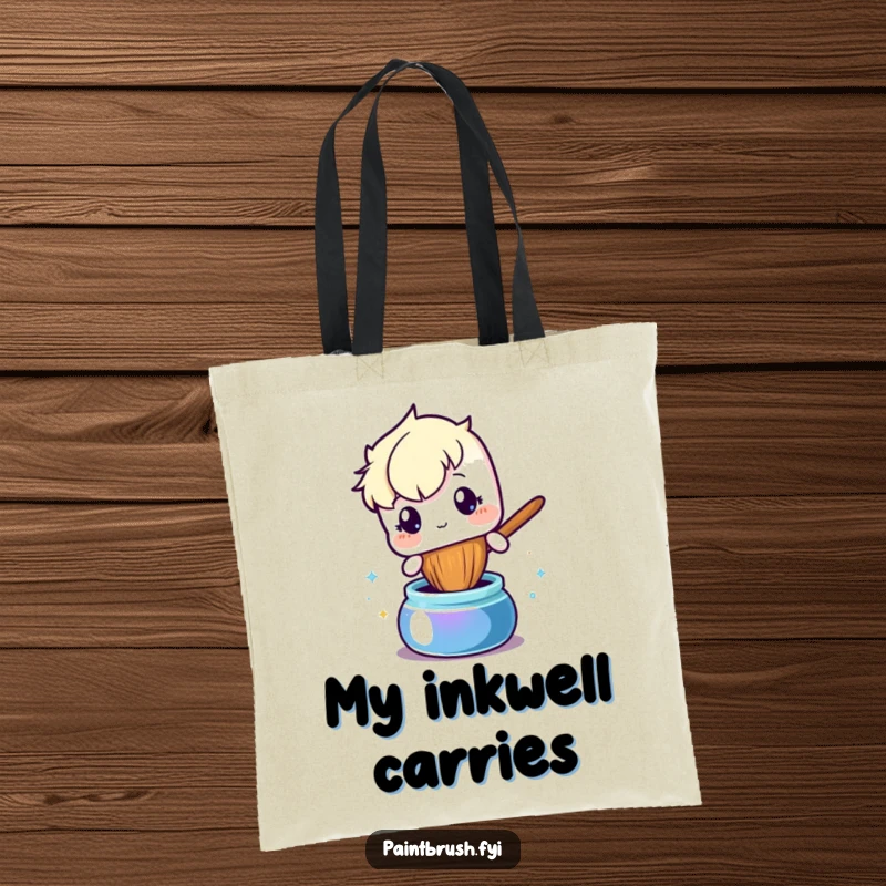 Funny tote bag showing a curious paintbrush character reaching into a pot of shiny ink, great for carrying art supplies.