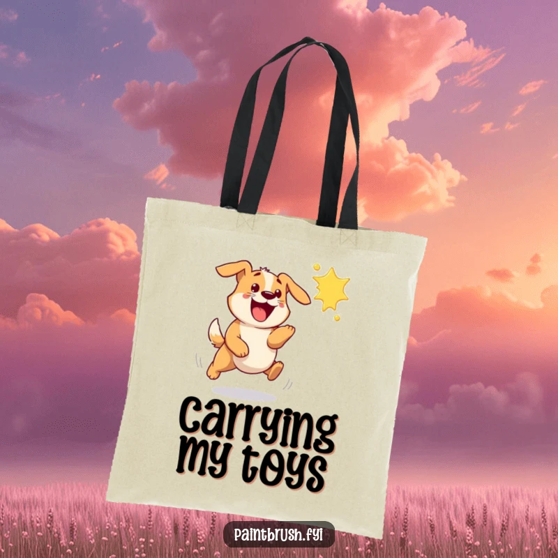 Funny dog tote bag showing a bouncy dog excitedly chasing a flying paint splat, perfect for carrying pet essentials.