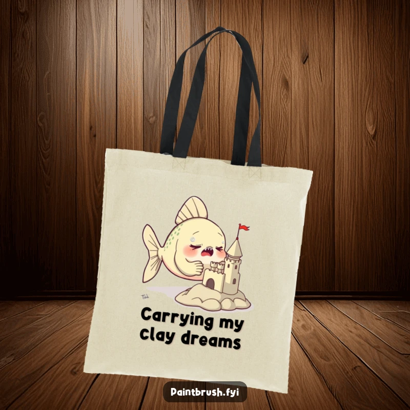 Funny tote bag showcasing a dedicated fish meticulously sculpting a miniature clay castle with its fins, a symbol of artistic passion.