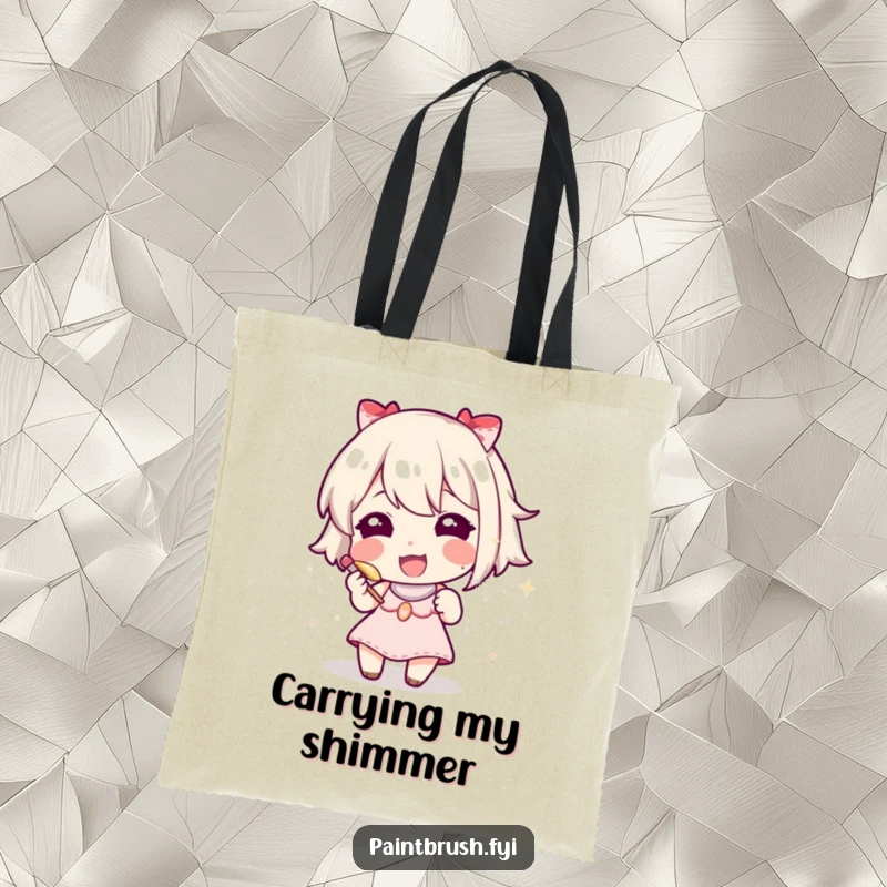 Funny character using a tiny brush to add a speck of glitter, a humorous and functional tote bag.
