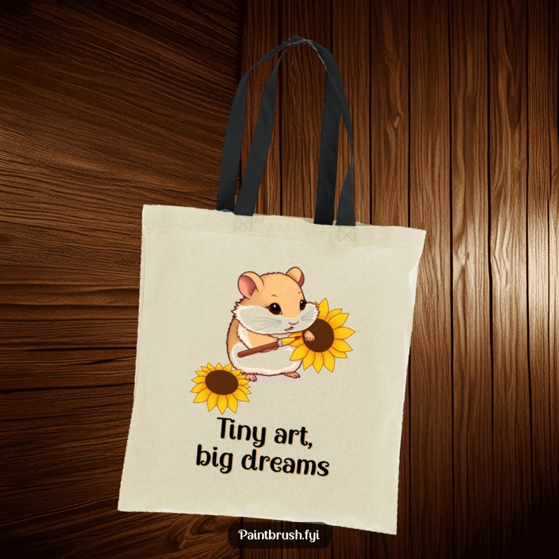 Funny tote bag showing a curious hamster using a tiny paintbrush to decorate a sunflower seed, ideal for carrying art supplies.