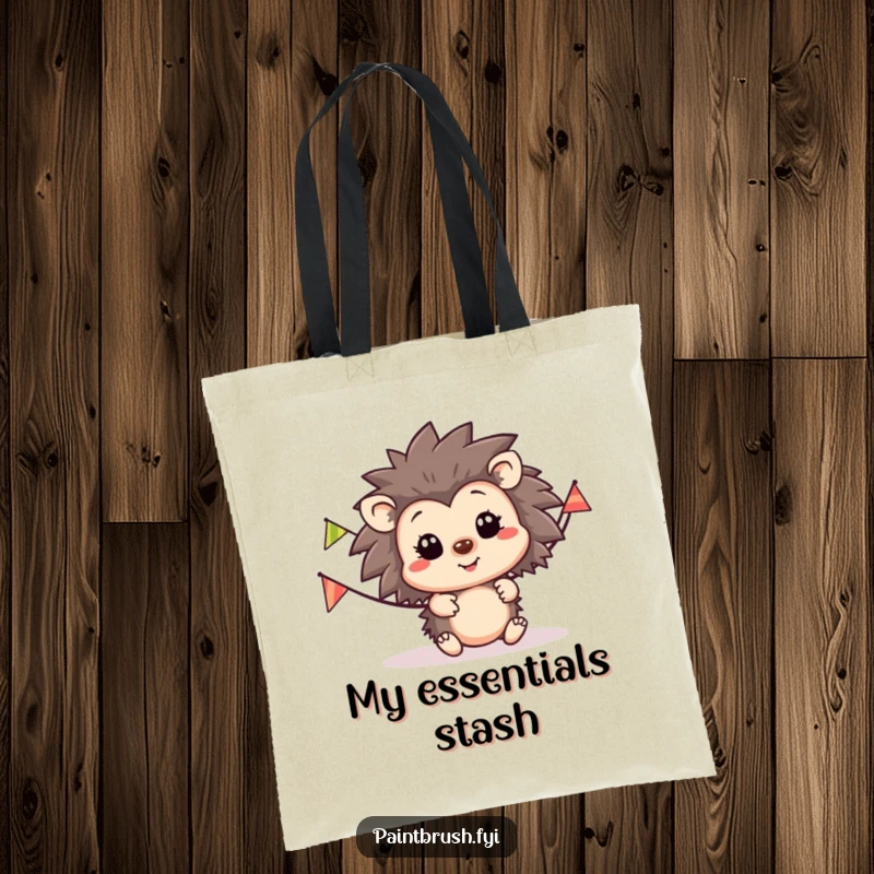 Funny hedgehog party tote bag, happy hedgehog character with a striped party banner, perfect for carrying party essentials.
