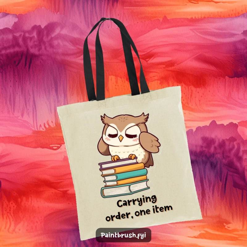 Funny tote bag with a meticulous owl character straightening books, perfect for carrying groceries or library books with a touch of humor.