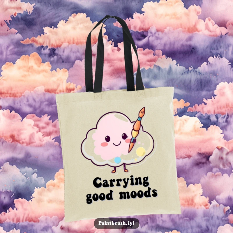 Funny tote bag featuring a happy paintbrush painting a smiley face on a cloud, symbolizing joy and artistic expression on the go.