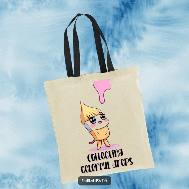 Funny tote bag featuring a paintbrush character looking up inquisitively at a falling paint drip, perfect for carrying art supplies and ideas.