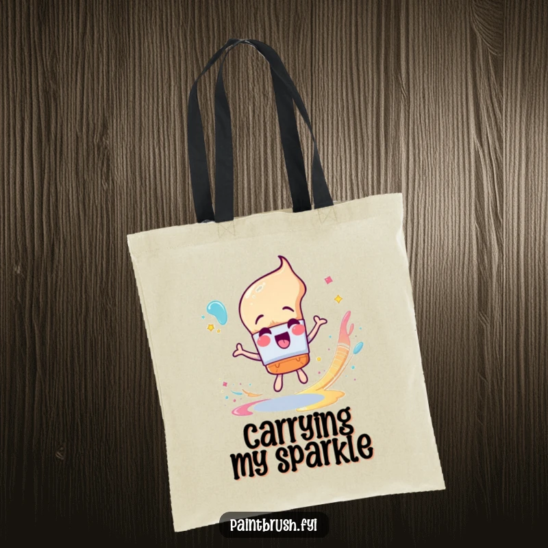 Funny Tote Bag: An excited paintbrush character spinning dynamically, leaving a trail of glittery, shimmering paint.