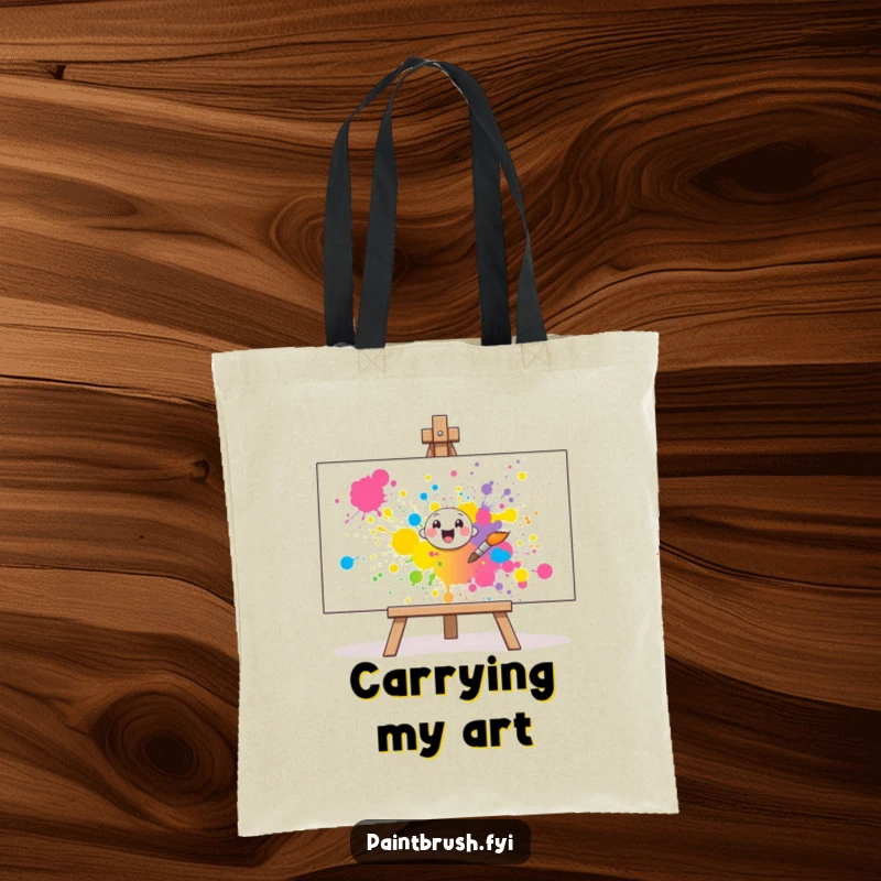 Funny Tote Bag: A cheerful paintbrush character splatters vibrant paint onto a canvas, perfect for carrying art supplies humorously.