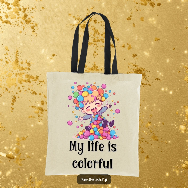 Funny painter character tripping, causing a colorful explosion of paint blobs to fly outwards, on a practical tote bag.