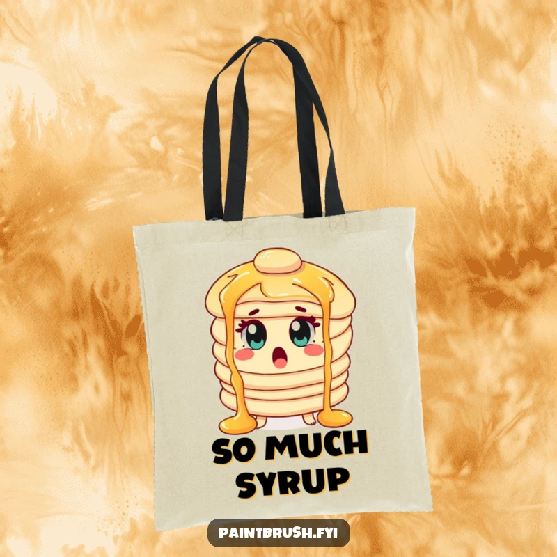 Funny Tote Bag illustrating a surprised pancake character with wide eyes experiencing syrup waterfalls, a breakfast surprise.