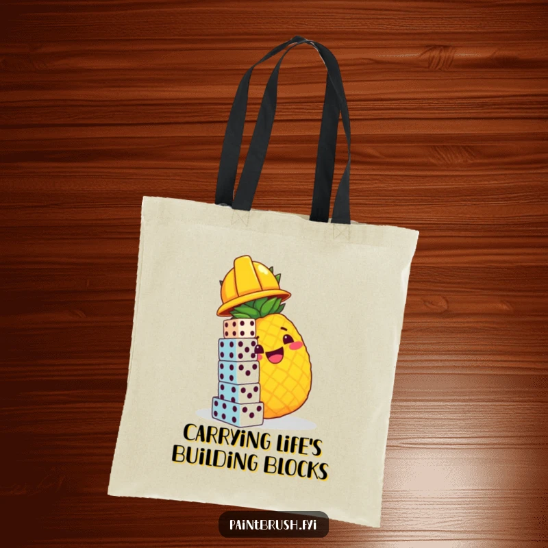 Funny tote bag depicting a pineapple construction worker meticulously stacking dice, perfect for carrying groceries with a humorous, cheerful vibe.