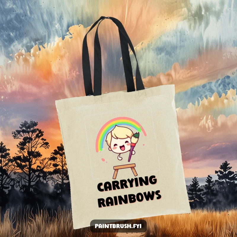 Funny Tote Bag: Paintbrush character joyfully painting a vibrant rainbow arc across a blank canvas, a humorous and stylish accessory.