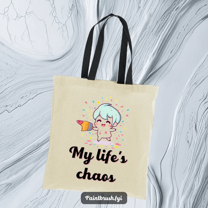 Funny paintbrush character tripping and scattering colorful paint confetti on a practical and humorous tote bag.