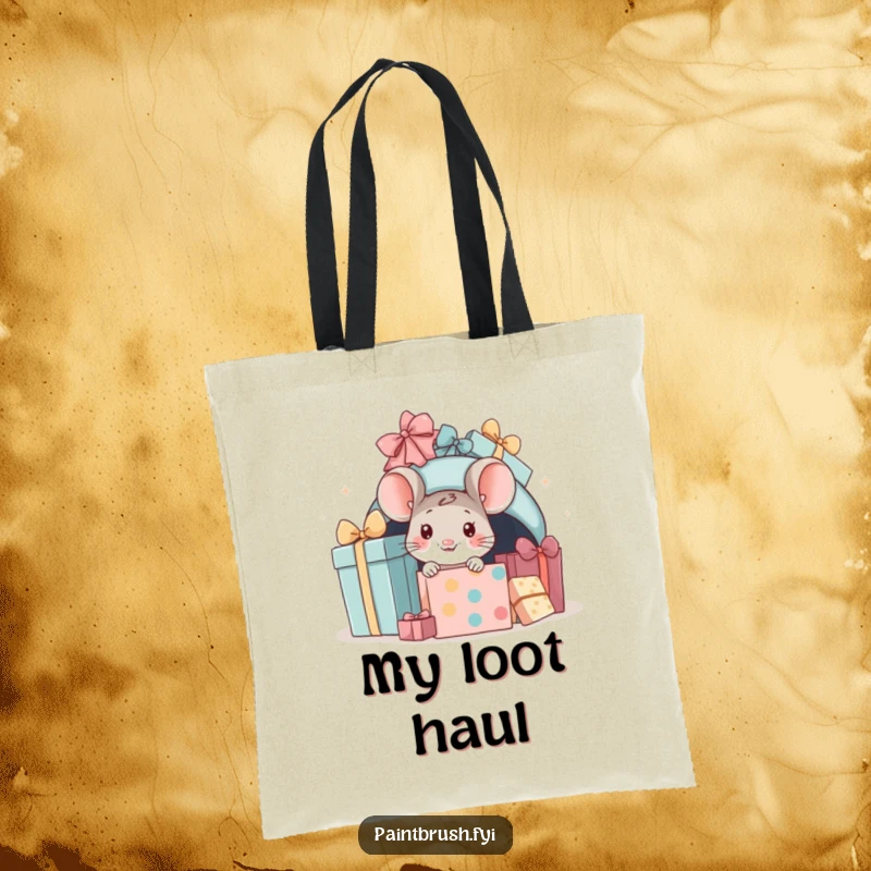 Funny mouse present tote bag, little mouse peeking from under presents, perfect for carrying gifts with a humorous touch.