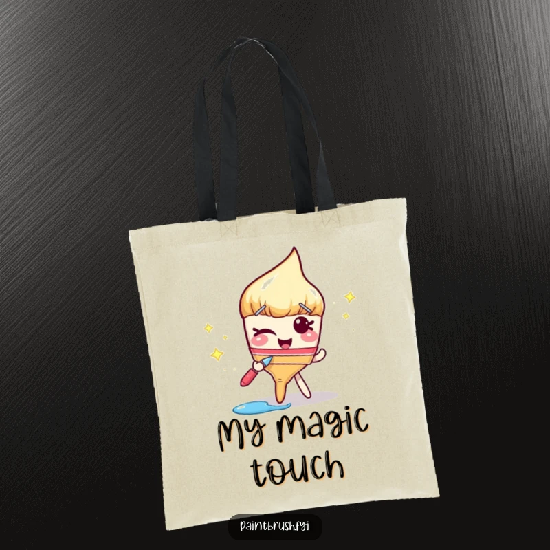 Funny tote bag featuring a winking paintbrush character followed by a trail of glittering paint, perfect for stylishly carrying art supplies.