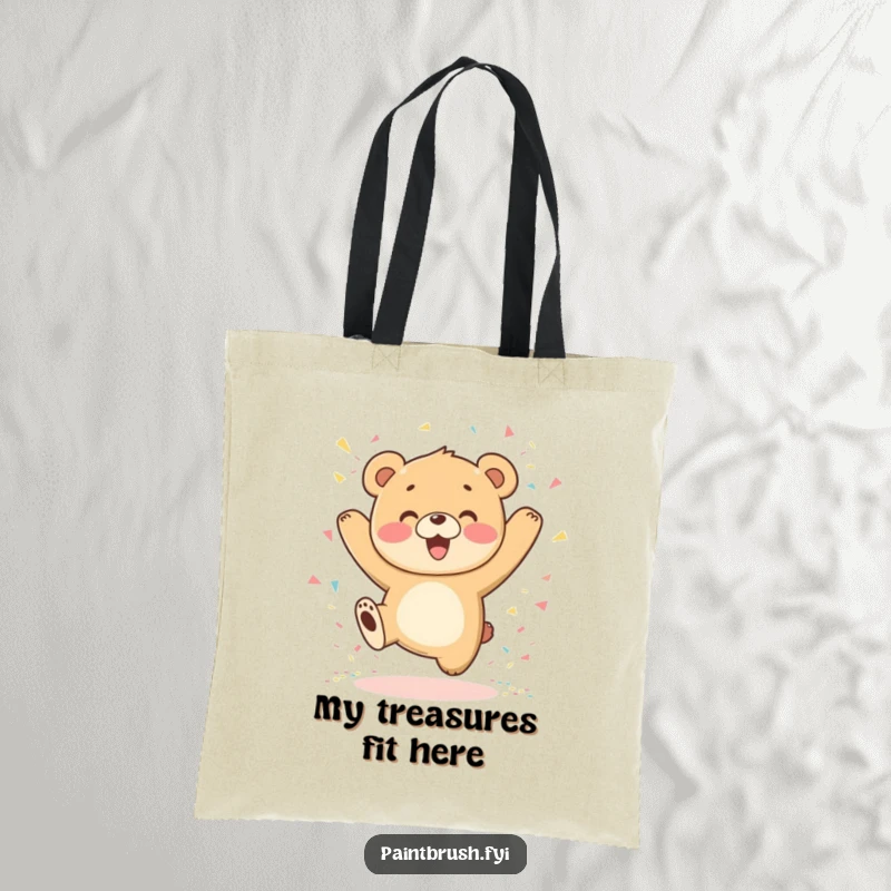 Funny Bear Cub Tote Bag, depicting a happy cub jumping enthusiastically amidst a confetti shower, perfect for everyday joy.