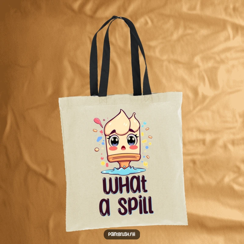 Funny Tote Bag: A paintbrush character with wide eyes reacting to a splash, a humorous and practical accessory for artists.
